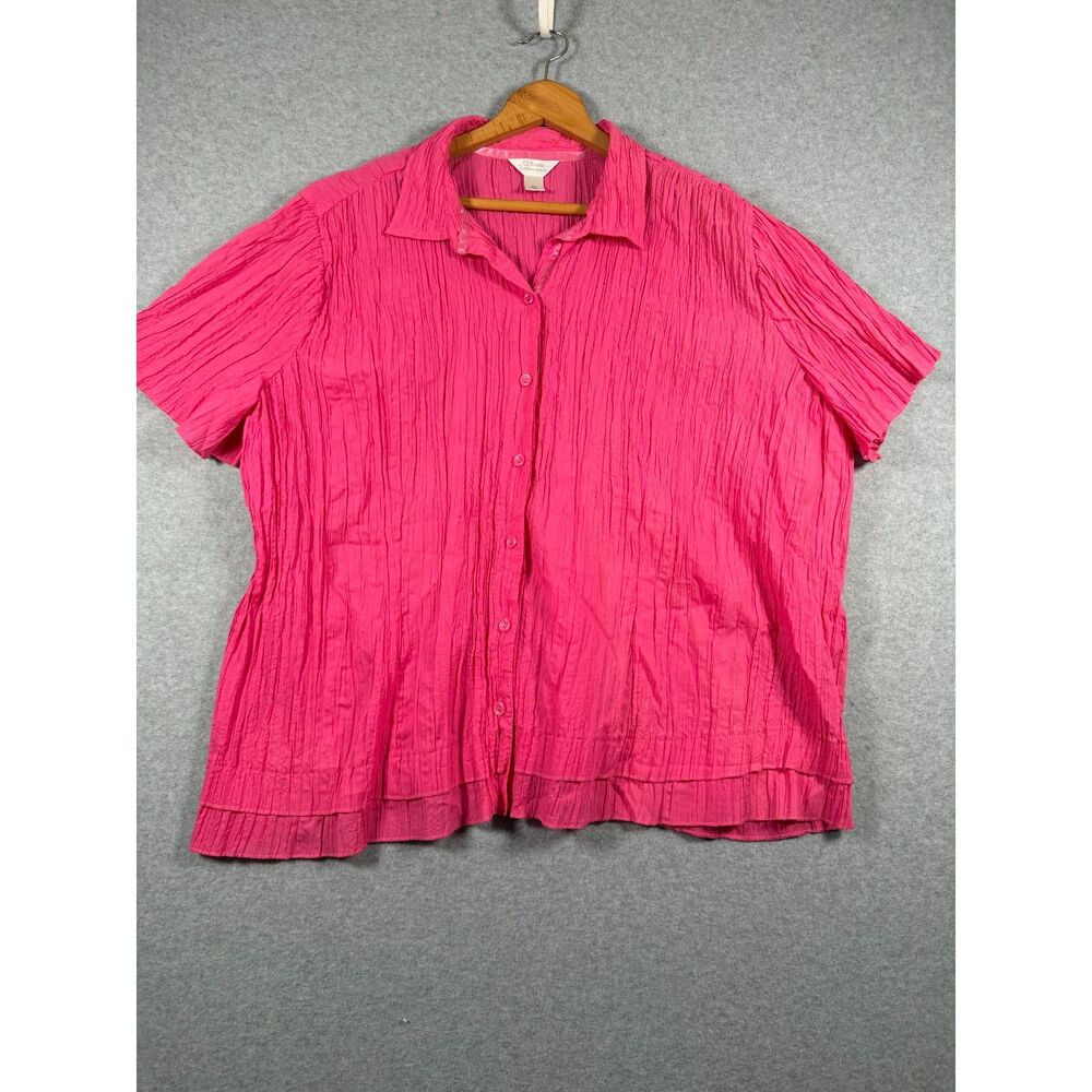 CJ Banks Women's 3X Hot Pink Crinkle Short Sleeve Button Front Blouse 0720